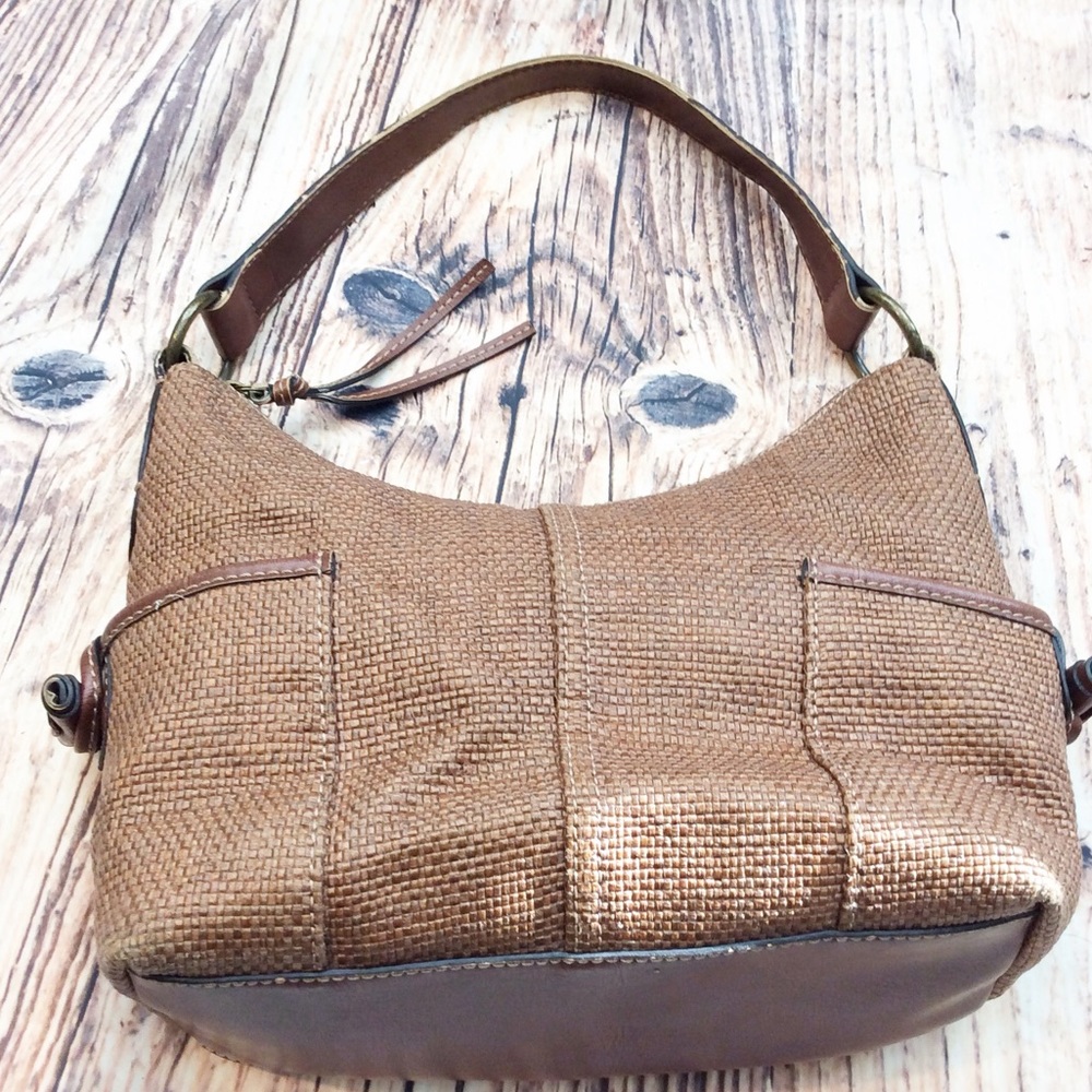 Woven Raffia Hobo Handbag with Leather Trim Toggle